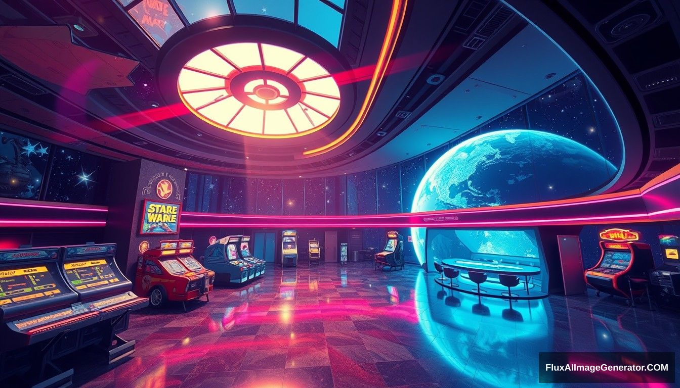 Cel shaded art, wide shot, from above, Dutch angle, from side, perspective, intense angle, depth of field, space, universe, space station, lobby, sunlight, retro, 70s, indoor, night, star, neon, warm light, game room, entertainment, glass ceiling. - Image