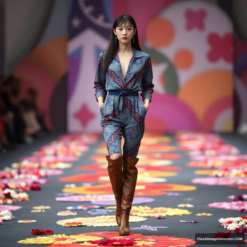 A Korean female fashion model is wearing a jumpsuit styled one-piece (colorful patterned based on blue), leather long boots. The front of the top is open, on a colorful flower runway, with a defocused background.