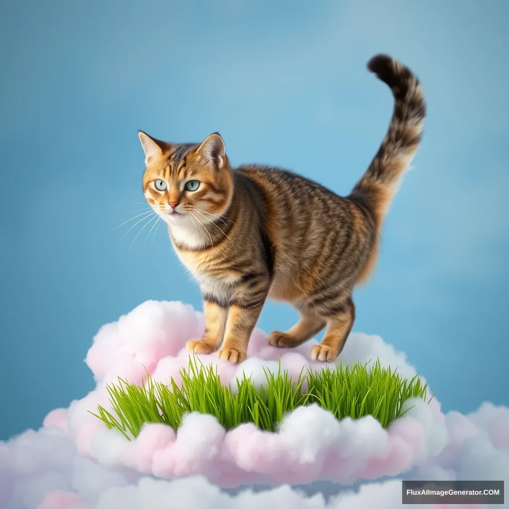 A cat stands on a colorful cloud and eats the green grass. - Image