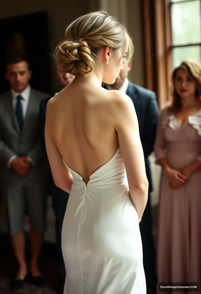 A short young woman, sensitive, delicate, ashamed, backless strapless side-less low-waisted wedding dress, in front of patriarchy, expectations.