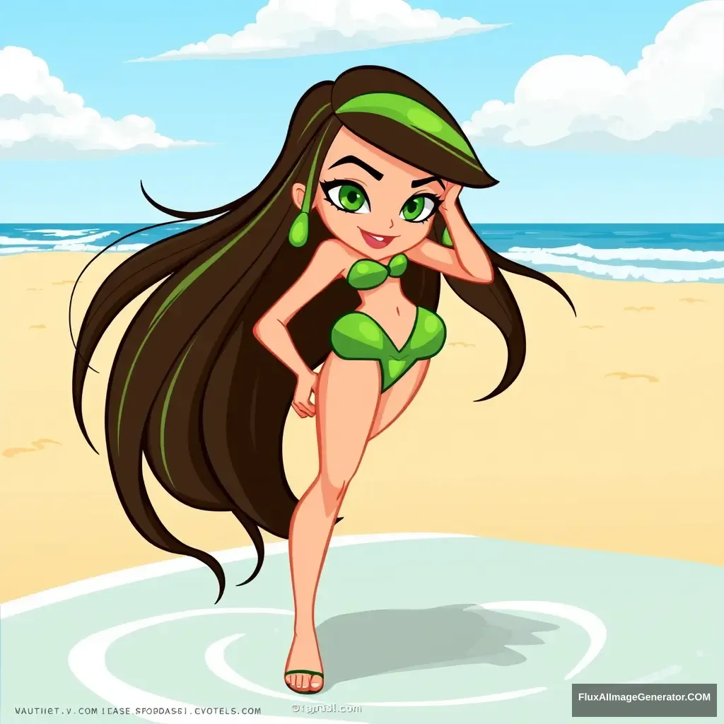 Create a beach style for a woman in the Ben 10 art style, specifically Gwen 10.