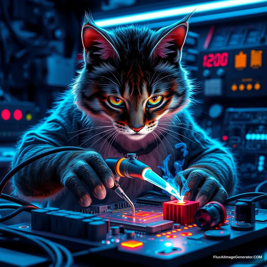 A cyberpunk feline technomancer, whiskers twitching, expertly wields a plasma-tipped soldering iron over a glowing motherboard. Neon circuits pulse beneath translucent fur as holographic UI elements swirl. Retro-futuristic workshop, bathed in blue LED light, echoes with 8-bit soundtracks.