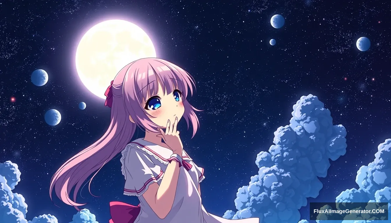 anime girl eating the moon in space