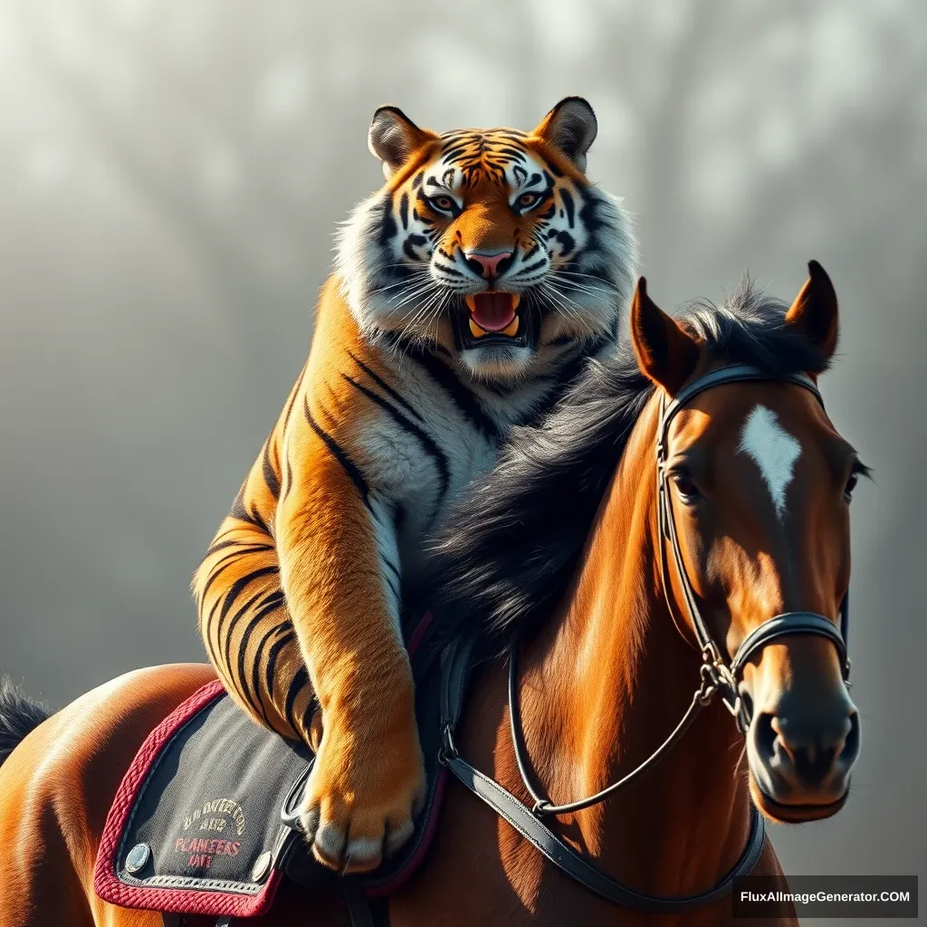 A tiger riding a horse. - Image