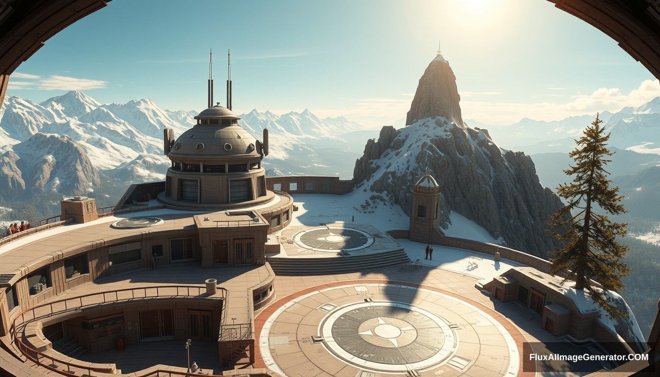 Cel shaded art, wide shot, a sci-fi center on the top of a snow mountain, open air, close look, cyberpunk, military base, Star Wars style, indoor, patio, morning, sunlight, fortress, mountain, rock, snow, tarmac, parking apron, cave, tree, landing field, cliff, round shape.