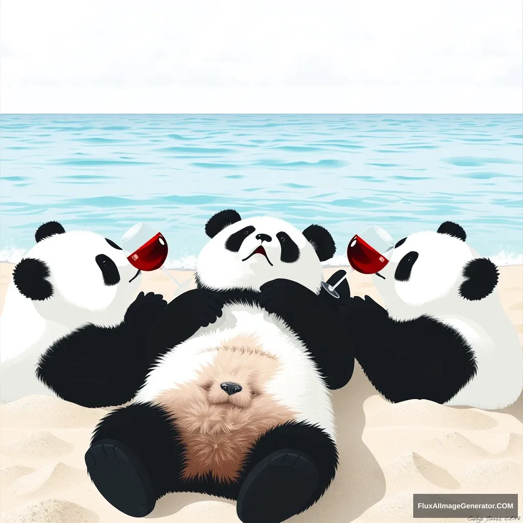 Three pandas are lying on the beach drinking red wine.