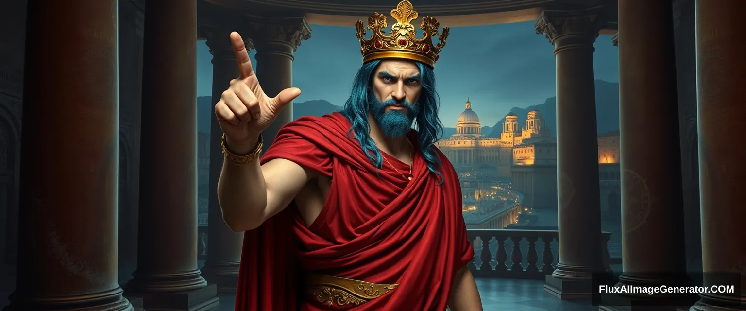 Young evil Roman emperor, dressed in a red toga, with long blue hair, no beard, and a golden crown shaped like laurel. He has a power-holding pose with one hand supine and grasping. The room he’s in is in ancient Roman imperial style, with huge pillars and a grand view of the ancient city by night.  
Realistic style, good anatomy, masterpiece.