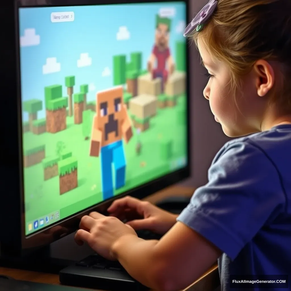 A little girl is playing Minecraft on the computer screen.