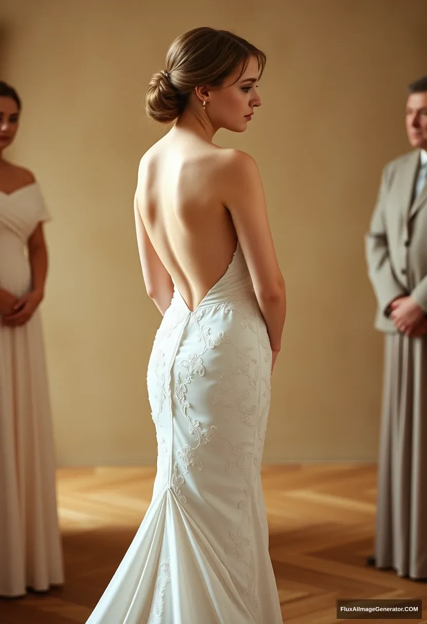 A short young woman, sensitive, delicate, backless strapless side-less low-waisted contouring wedding dress with an open rear that seems like it was intentionally left undone. Submitting before the council of fathers. Expectations. Perfect posture. Pale skin.