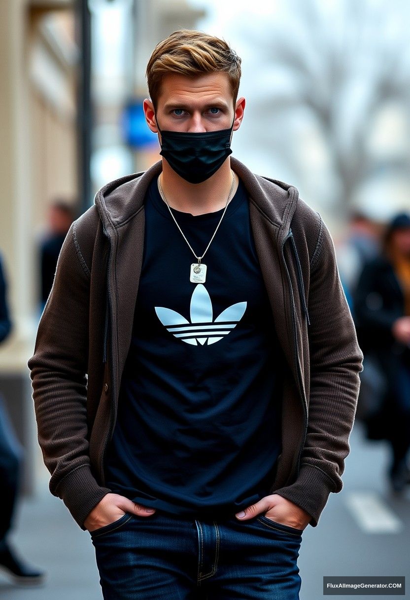 Jamie Dornan, handsome, blue eyes, wearing an army pendant, black face mask, dark blue Adidas T-shirt, sweater jacket, jeans, black sneakers, fit body, photorealistic, street photography, full photography. - Image