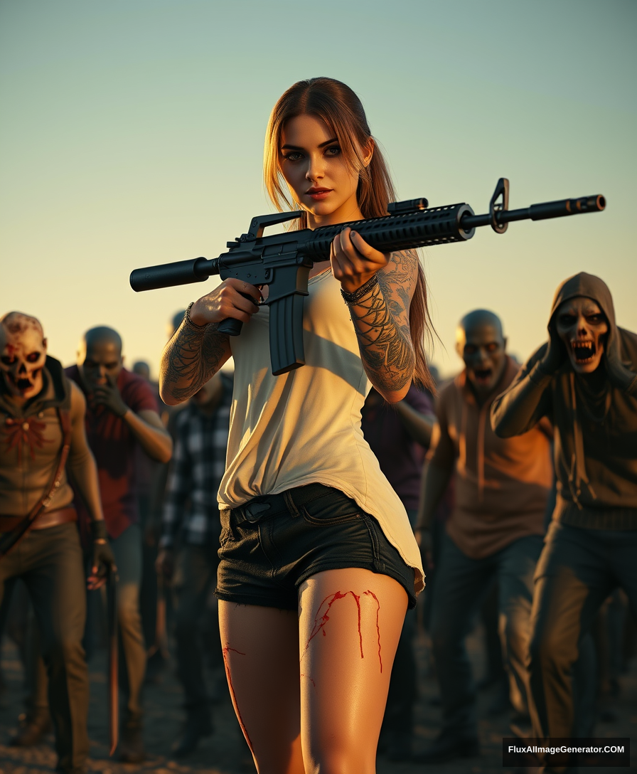 Portrait of a sexy woman in a white vest and black shorts, lots of gypsy style skull pattern tattoos on both arms and legs, arm skin got scratched, splashed blood on both arms and legs, holding an AR-15 rifle with both hands, aiming, surrounded by scary zombies in different clothes, golden hour lighting, ray tracing, global illumination.