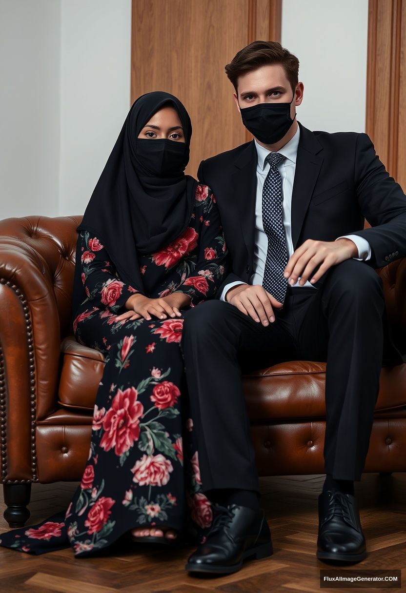 A big black hijab girl, slim girl, beautiful eyes, black face mask, wearing the biggest floral longest dress, sitting on a leather single wing sofa,

Jamie Dornan, young, in a black suit coat, grey patterned tie, black leather sneakers, tall man, wearing a black face mask, fit body, sitting near her,

hyper-realistic, studio photography.