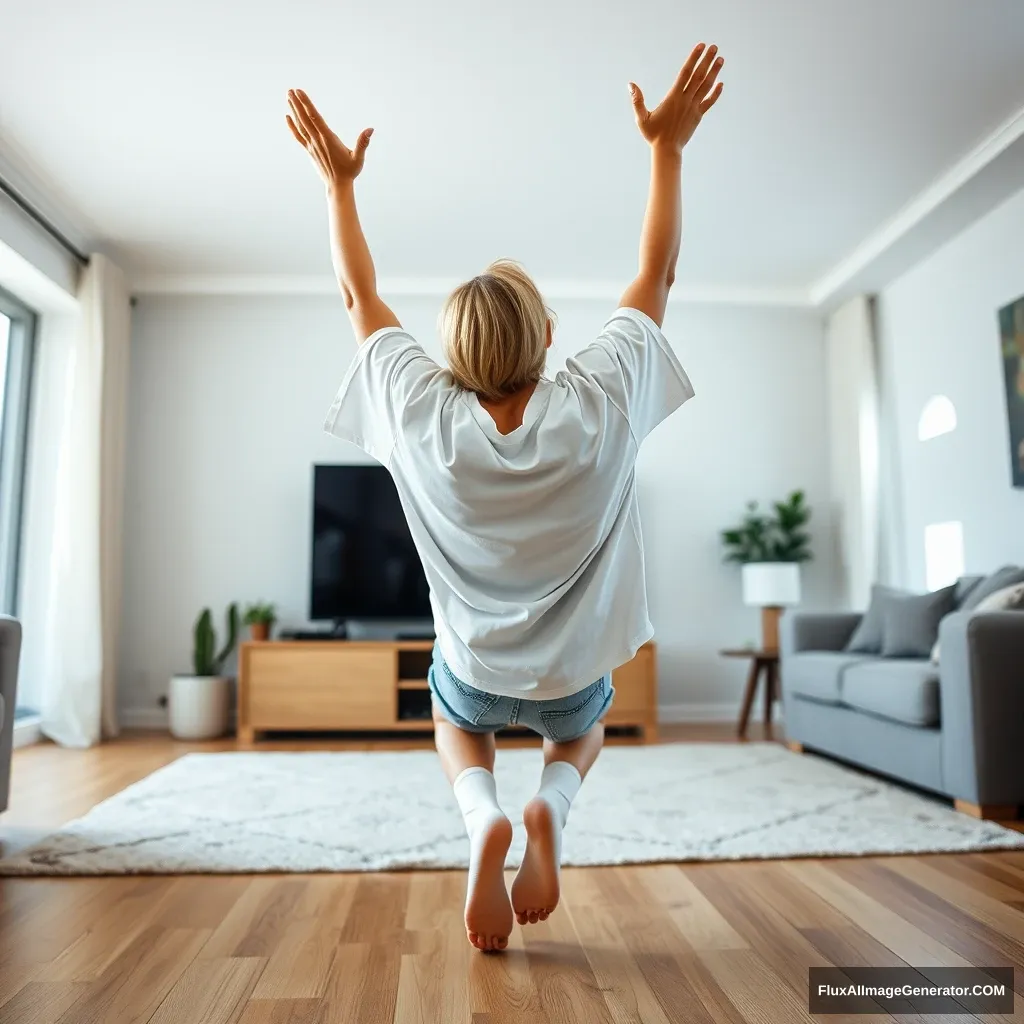 A right angle of a skinny blonde woman in her large living room, wearing an incredibly oversized white T-shirt that is also very unbalanced on one of the shoulders. She is dressed in oversized light blue denim shorts that aren't rolled up, along with white socks and no shoes. She faces her TV, diving headfirst with both arms raised below her head, looking upwards, and her legs elevated in the air, positioned at a -60 degree angle.