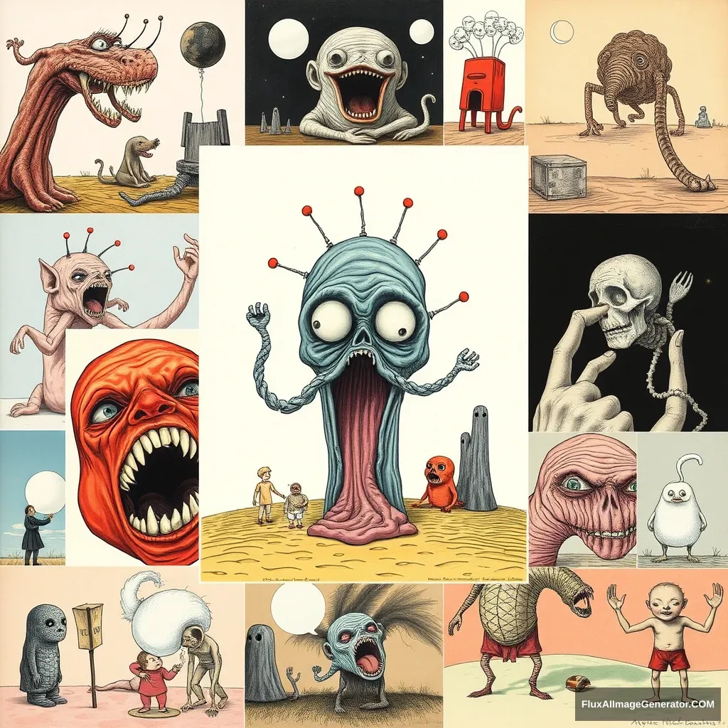 A collage of different extremely weird illustrations. - Image