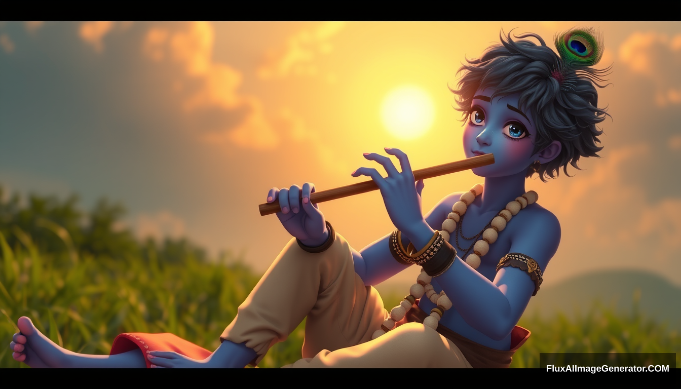 Young boy Krishna, 20 years old (blue skin), playing flute, 5 fingers, nature, sun, sitting, anime style, peacock feather, cinematic rendering, 3D look, ((long curly hair)). - Image