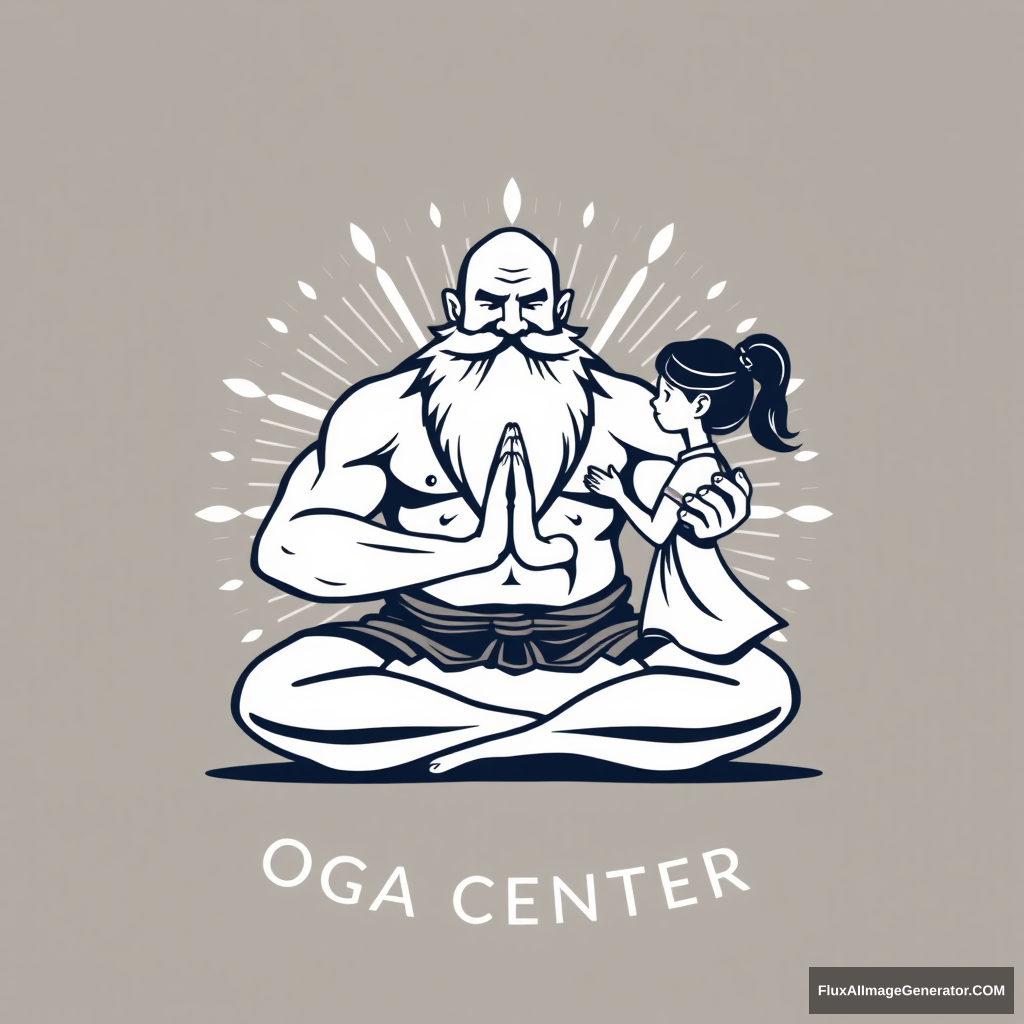 Yoga Center logo: a muscular large bald dwarf with a beard in the lotus position exchanges energies with a girl. - Image