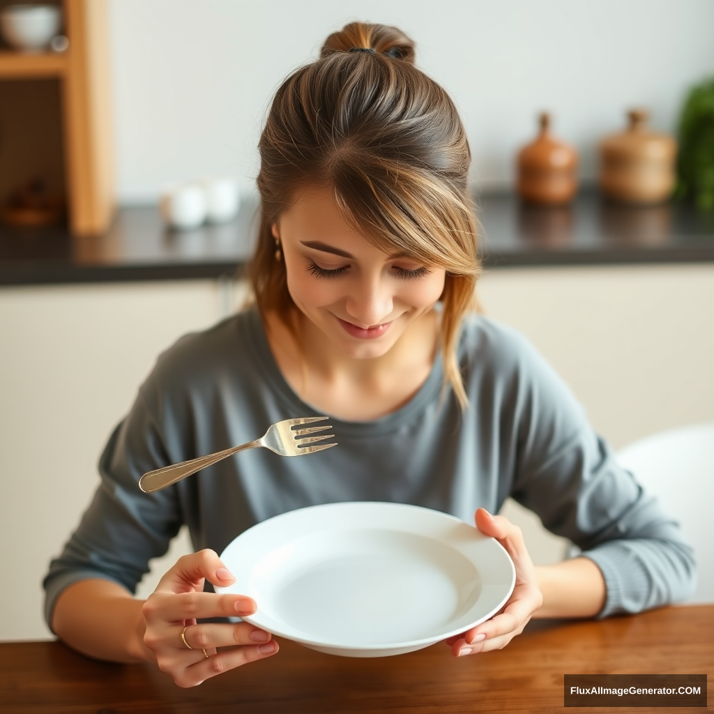 Young woman in front of an empty plate. The woman is looking down at the plate. The woman is holding a fork. The plate is on a table. The woman is smiling. - Image