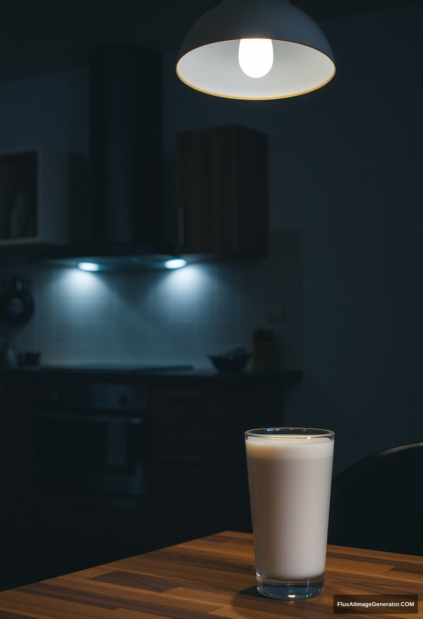 At a modern kitchen, at midnight, with gloomy lighting from a lamp, fresh milk in a glass on a table.