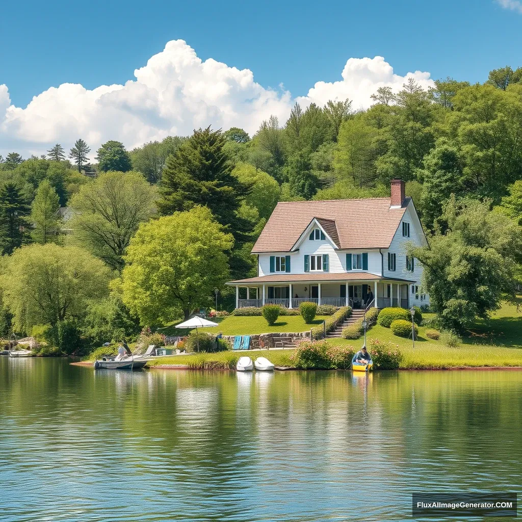 a lovely house by the lake, summer day