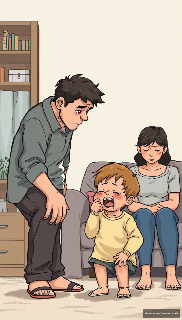 Father is scolding the child, who is crying, while the mother sits aside, feeling depressed, depicting a tense family atmosphere. Full body shot, extra realistic, no comic.