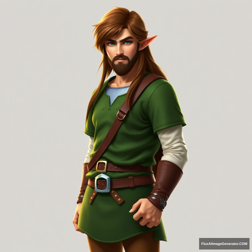 Full body picture of a long brown-haired, short-bearded guy as Link from Zelda.