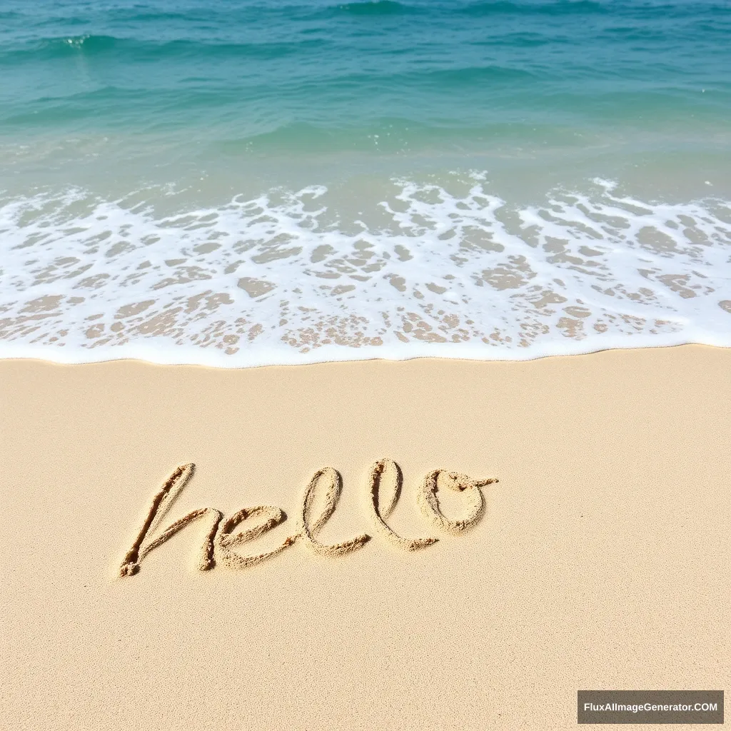 A beach, with "hello" written in the sand, ocean in the background.