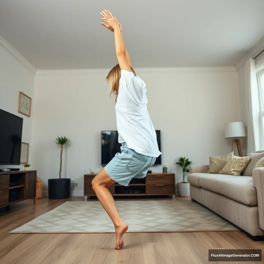 Side angle of a blonde skinny woman who is in her massive living room wearing a massively oversized white t-shirt which is also very off balance on one of the sleeves for the shoulders and wearing oversized light blue denim shorts. She is wearing no shoes or socks and she faces her TV, diving head first into it with both her arms raised below her head and her legs high up in the air, positioned at a 60-degree angle. - Image