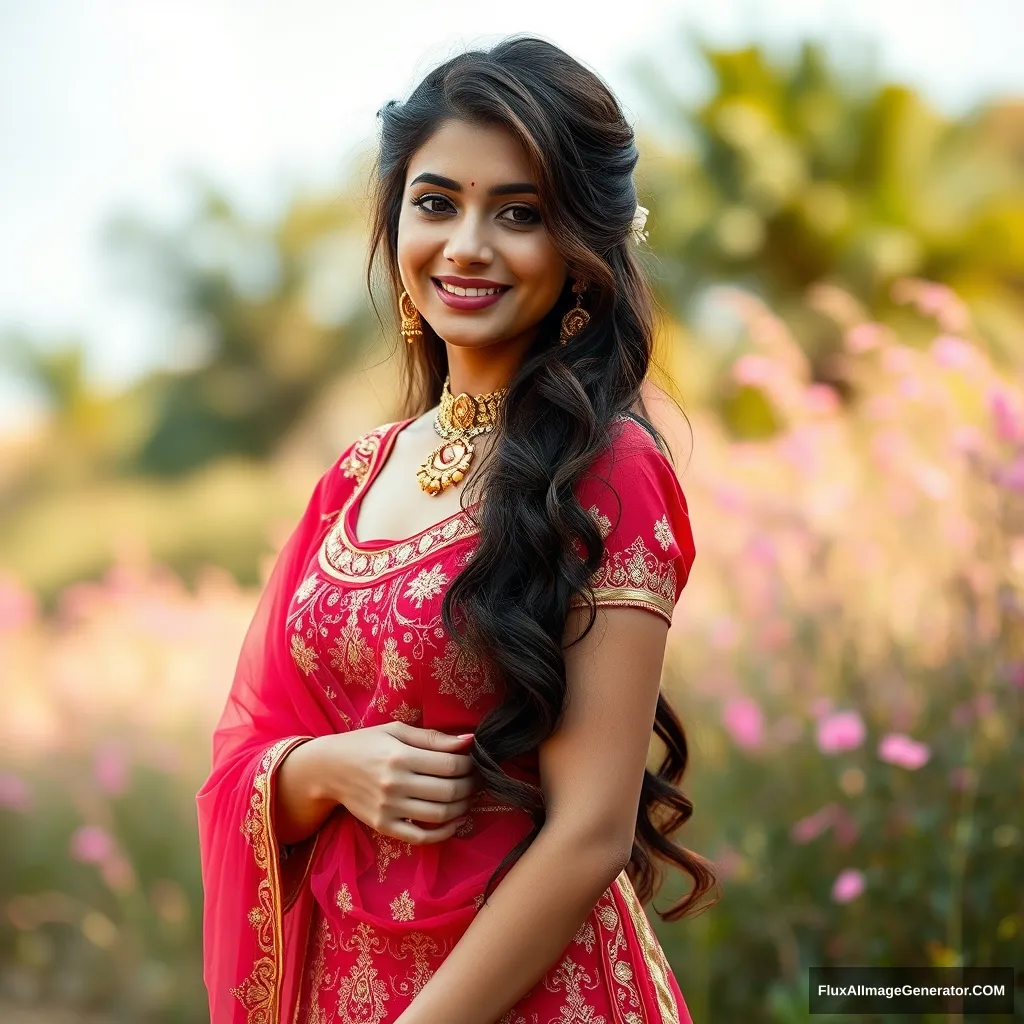 She is a white girl (no deformed body), with a fit, blushing face, a thick body, brunette hair, and new imaginary hairstyles. She is outdoors in a beautiful natural setting (Heaven), wearing a lehenga (full body, imaginary), with cute poses in a full body portrait. The image is captured at 15360x8640 resolution by a Phase One XF IQ4 150MP Camera (8k quality), resulting in a super high-quality photo, akin to a movie still, with saturated bold colors. - Image