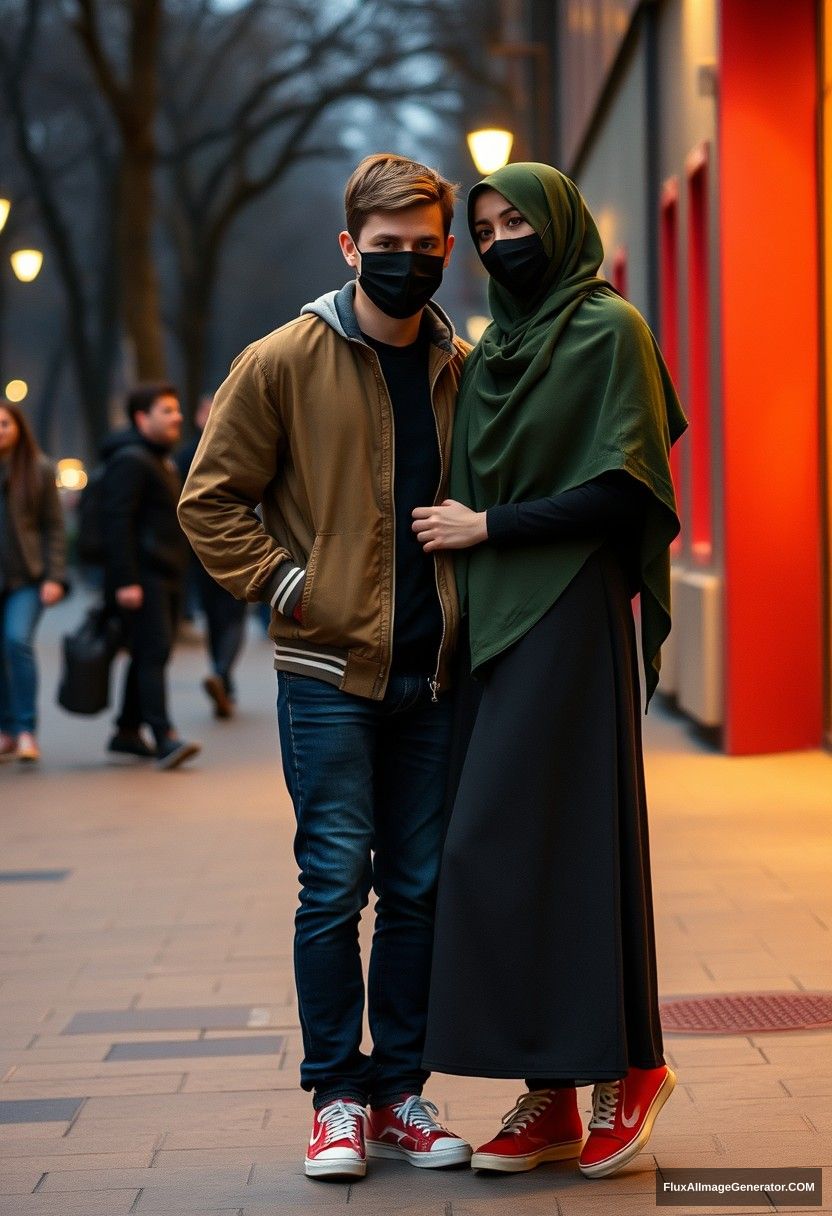 Jamie Dornan, young, black face mask, capital A collage jacket, jeans, red sneakers, dating romantically with a beautiful Muslim girl in the biggest army green hijab, beautiful eyes, black face mask, college jacket, longest skirt, red high sneakers, not a tall girl, photorealistic, street photography, full photography. - Image