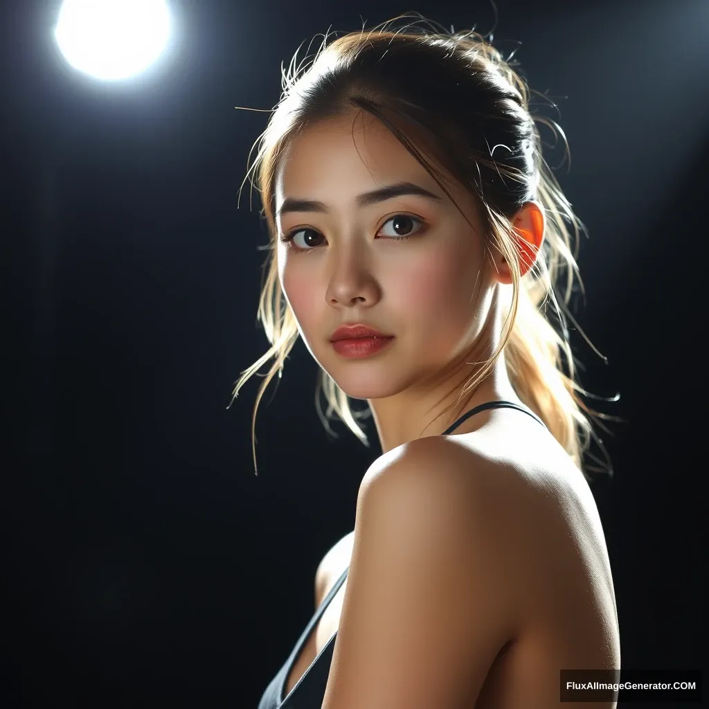 Background: Black background and a beam of light overhead, soft lighting. Light focused on the girl's face, A 24-year-old girl looked at me The girl was wearing a graceful halter top.