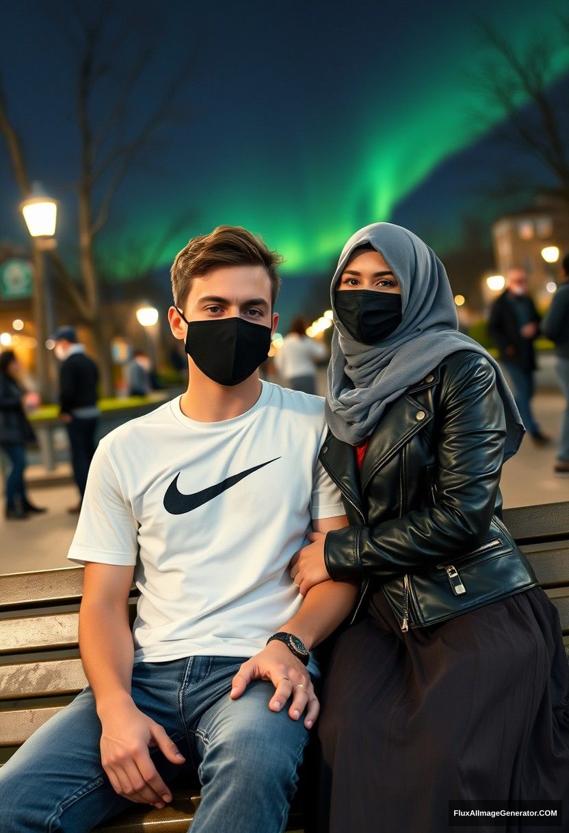 Jamie Dornan, tall, young, black face mask, white Nike T-shirt, jeans,

dating in a romantic setting with a grey hijab-wearing Muslim girl, beautiful eyes, black face mask, leather jacket, very long and large skirt, not a tall girl,

sitting on a park bench together in town, with strangers in the background, photorealistic, street photography, selfie photos, night scenery, aurora borealis.