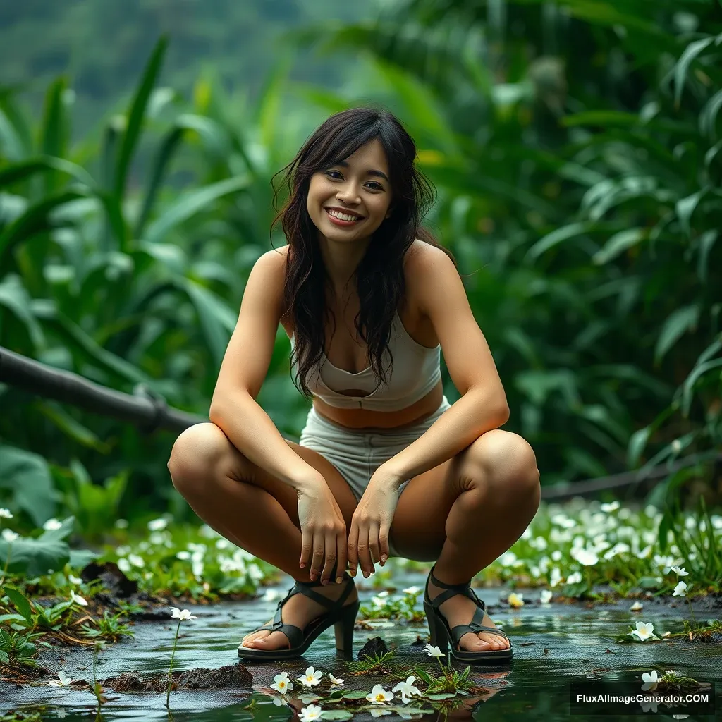 A cyberpunk woman squats in the distance, with a whimsical smile, surrounded by a vast green jungle and scattered white flowers. It’s a close-up of an artistic beauty in skin-tone yoga pants, professionally shot in real life, with a sense of scale, using a long focal zoom perspective. There are servos, pipes, and reflective wet surfaces, showcasing fashion photography with a fluctuating depth of field and zoom blur.