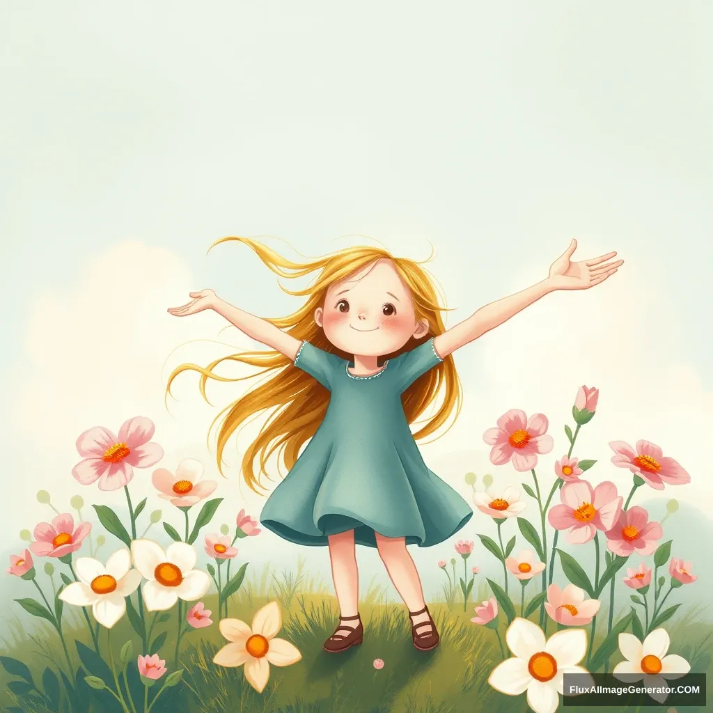 Children's book illustration, little girl opening her arms, standing in the wind, with the wind blowing her long hair, surrounded by blooming flowers.