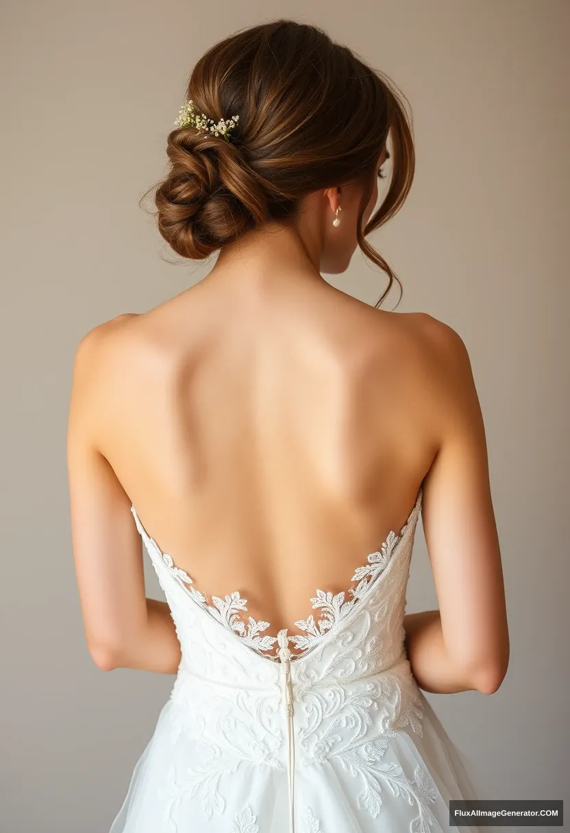 a young woman, sensitive, delicate, ashamed, backless strapless low-waisted petite wedding dress - Image