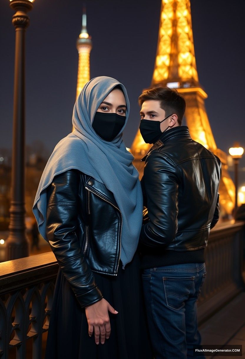 Biggest grey hijab Muslim girl, beautiful eyes, face mask black, leather jacket, biggest longest skirt, standing near Eiffel Tower, dating love with Jamie Dornan, leather jacket, jeans, face mask black, night scenery, strangers back, hyper realistic, photorealistic, selfie. - Image