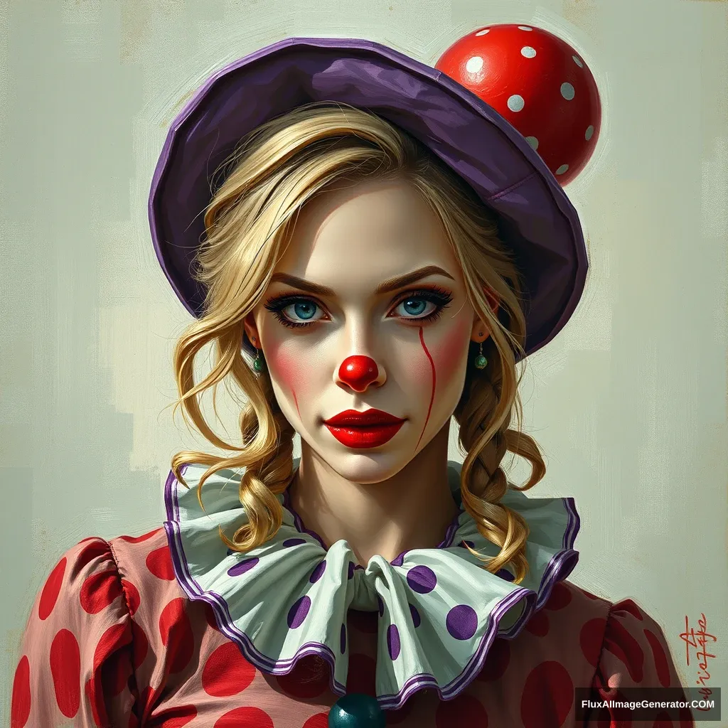 I want a painting of Scarlett Johansson wearing a clown costume.