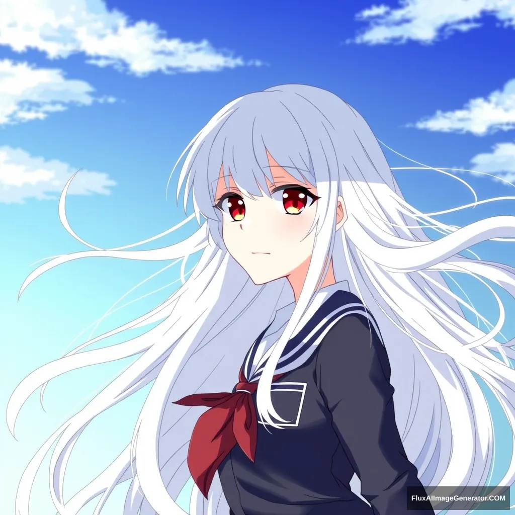 'High school girl, wind, long hair, uniform, white hair, red eyes.' - Image