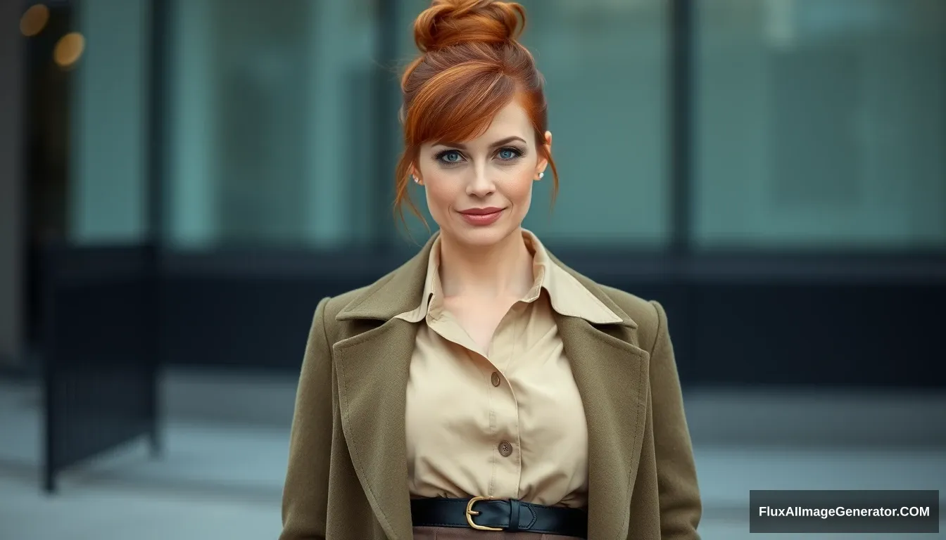 An elegant and beautiful 45-year-old woman with auburn hair in a tight bun with a frontal fringe. She has an average build. She has blue eyes. She is wearing a beige shirt and olive green coat and skirt. Her skirt has a black belt. She is wearing beige colored pantyhose. She is not wearing shoes. - Image