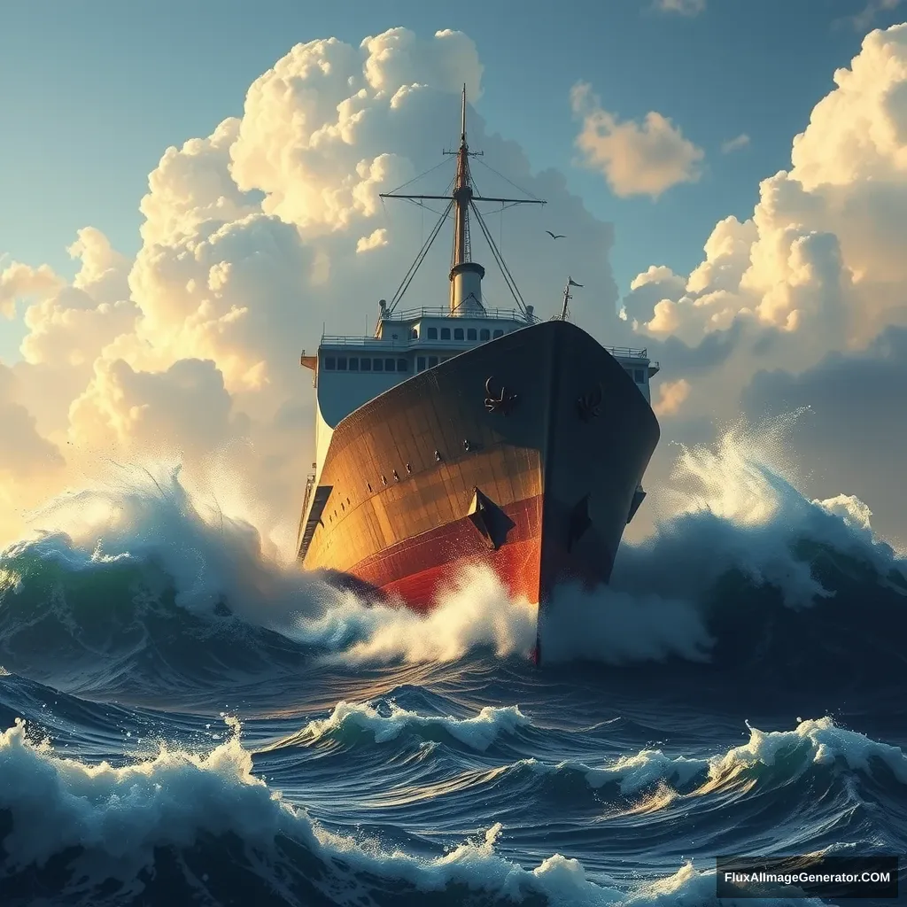 A giant ship sailing through towering waves.