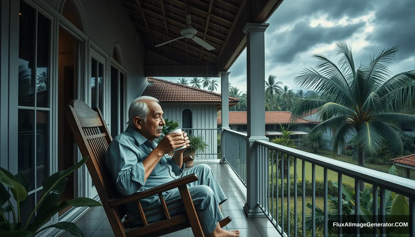 The style of Hirohiko Araki Kubrick, image of a 60-year-old Thai grandfather, handsome and attractive, sitting on a rocking chair, sipping hot coffee, relaxing on the balcony of a house in Chonburi, enjoying the morning atmosphere with dark blue clouds, a cool breeze in front of the house, with a garden, banana trees, coconut trees, heavy rain ambiance, oil painting, sharp 3D, 40k. - Image