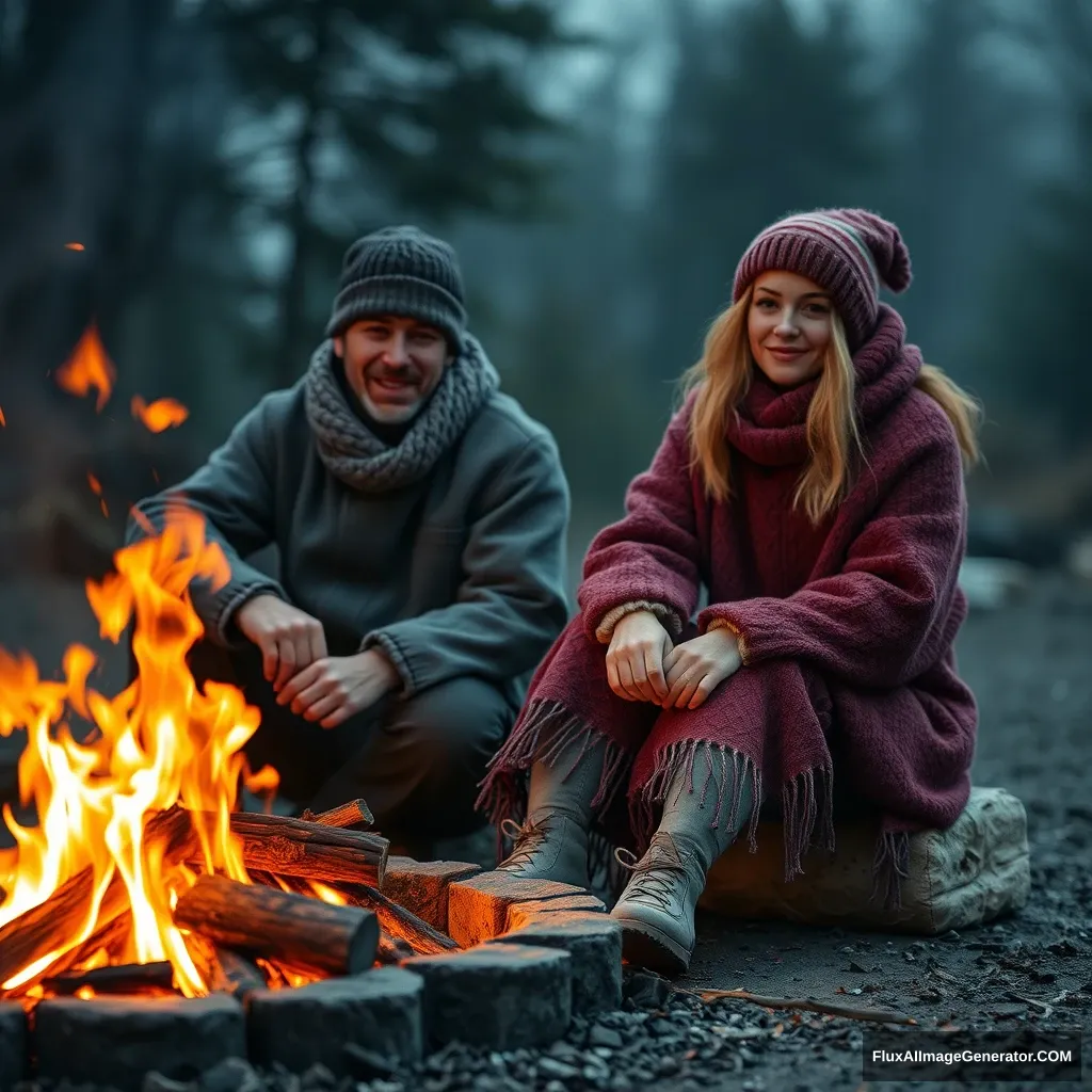 A man and a woman wear few clothes sitting next to a fire to stay warm. - Image