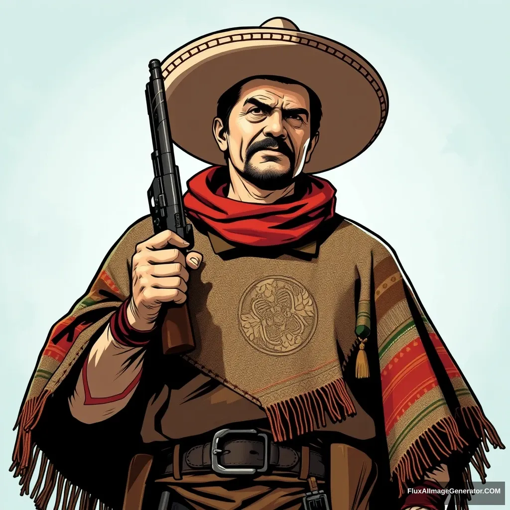 "A Mexican man dressed in a poncho and holding a gun in a comic book style."