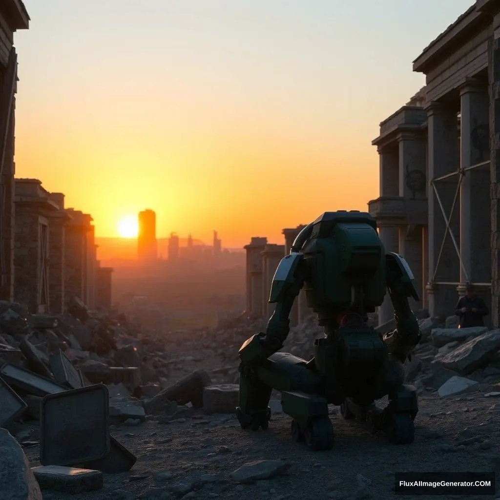 A mech sits in the ruins of the city, facing the sunset, viewed from behind.