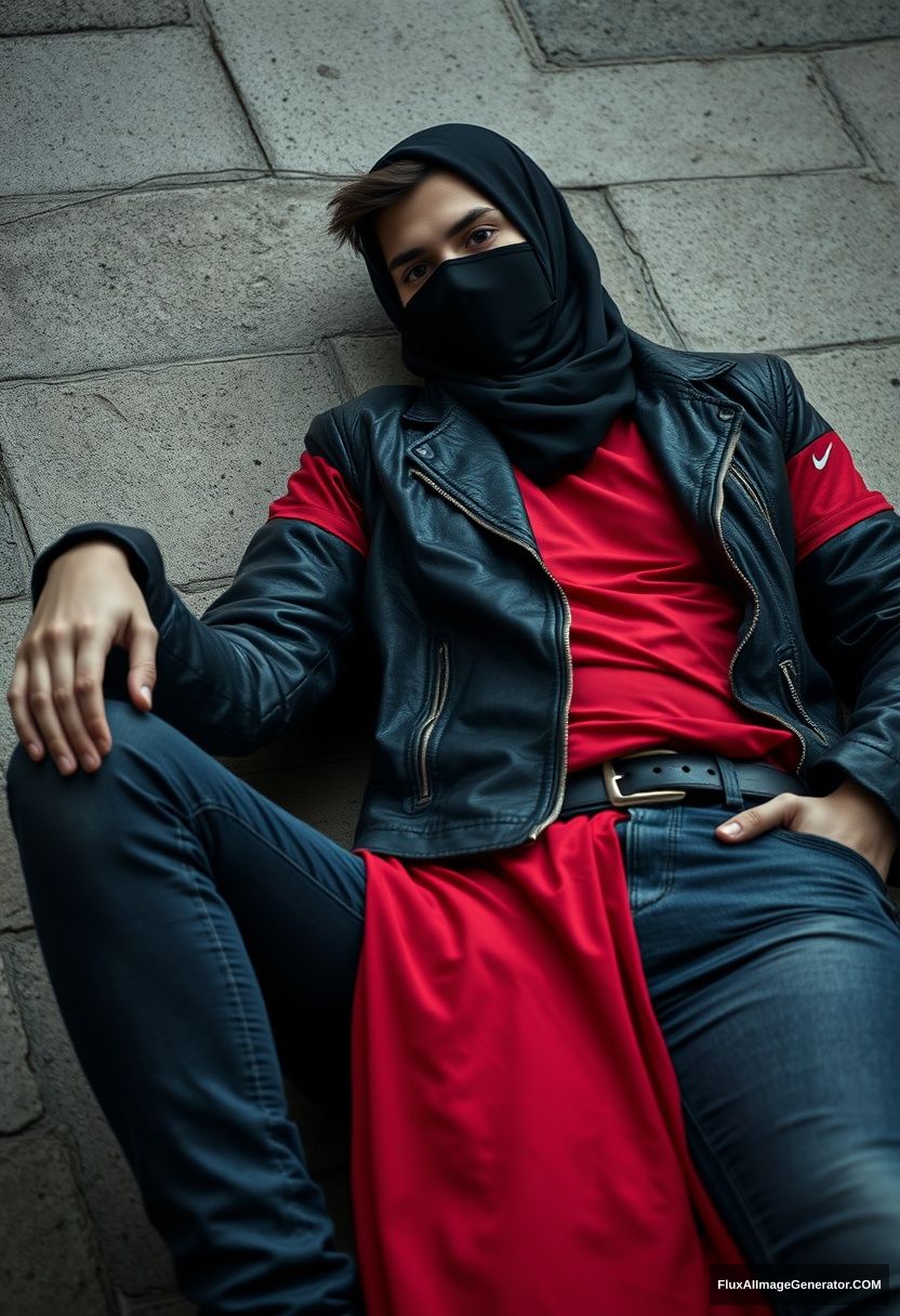 A biggest black hijab girl, beautiful eyes, face mask black, black leather jacket, biggest red longest dress, untall, laying at him,

Jamie Dornan, handsome, face mask black, fit and tough body, Nike red t-shirt, black leather jacket, jeans, tall man, laying at wall,

Hyper realistic, photorealistic, studio photography, Victoria's abandoned castle, gloomy. - Image