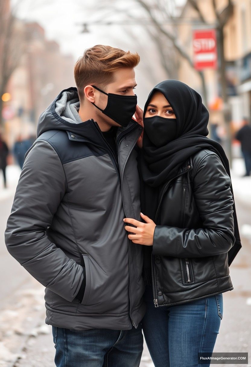 Jamie Dornan, handsome, young, black face mask, snow jacket, jeans, dating a beautiful, romantic Muslim girl wearing a big black hijab, with beautiful eyes, black face mask, black leather jacket, in a winter scenery, standing together near the road in town, pinching each other's cheeks, photorealistic, street photography.