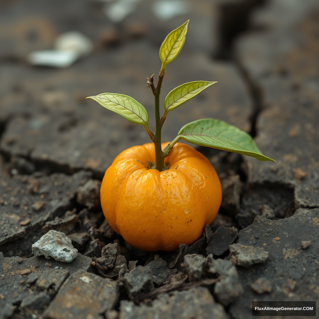 A shoot sprang from a small orange, penetrating the decaying and crumbling court scale.