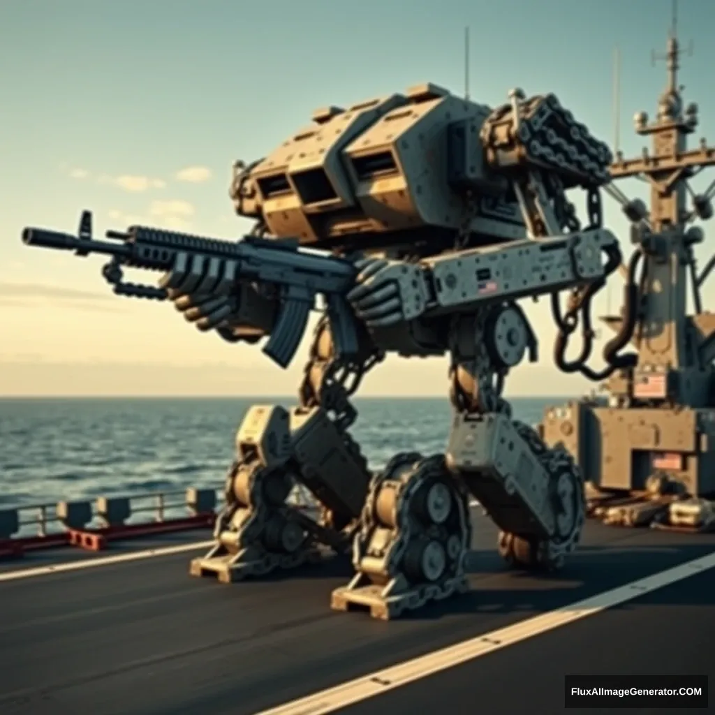 A large robot assembled from motorcycle chains on an aircraft carrier, holding a new AK47.