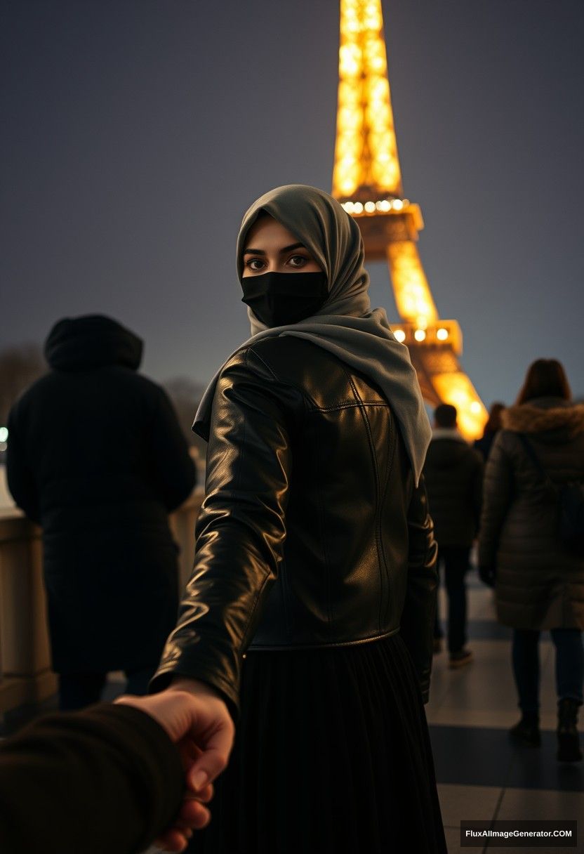 Biggest grey hijab Muslim girl, beautiful eyes, face mask black, leather jacket, biggest longest skirt, standing near Eiffel Tower, night scenery, strangers back, hyper realistic, photorealistic, street photography, hold someone's hand from opposite, come hold my hand.