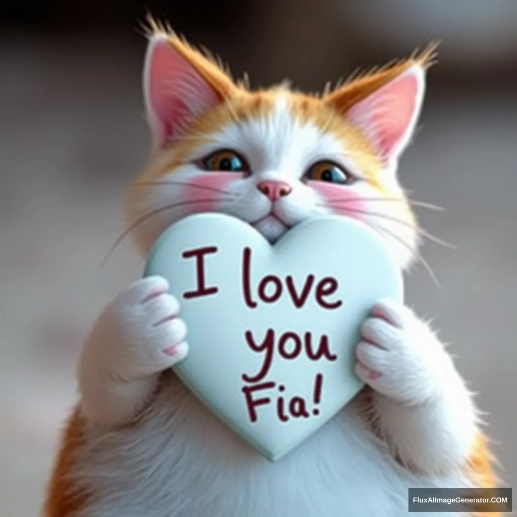 A cat holding a heart on which it is written I love you Fia!