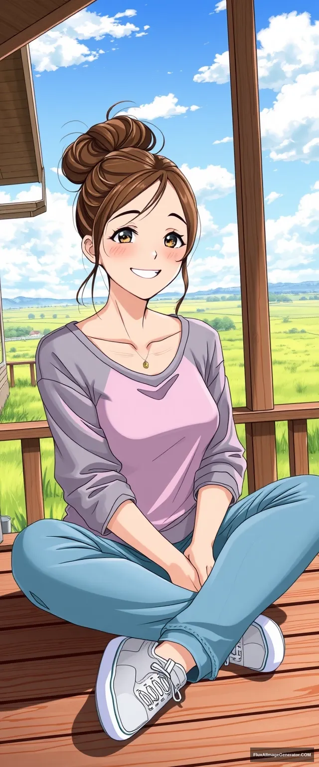 A woman in her 30s with a lovely smile and a bun hairstyle is sitting cross-legged on the veranda of a house overlooking a grassland. She is wearing casual clothing, and there is a lot of outside scenery. A detailed anime-style drawing of the woman. - Image